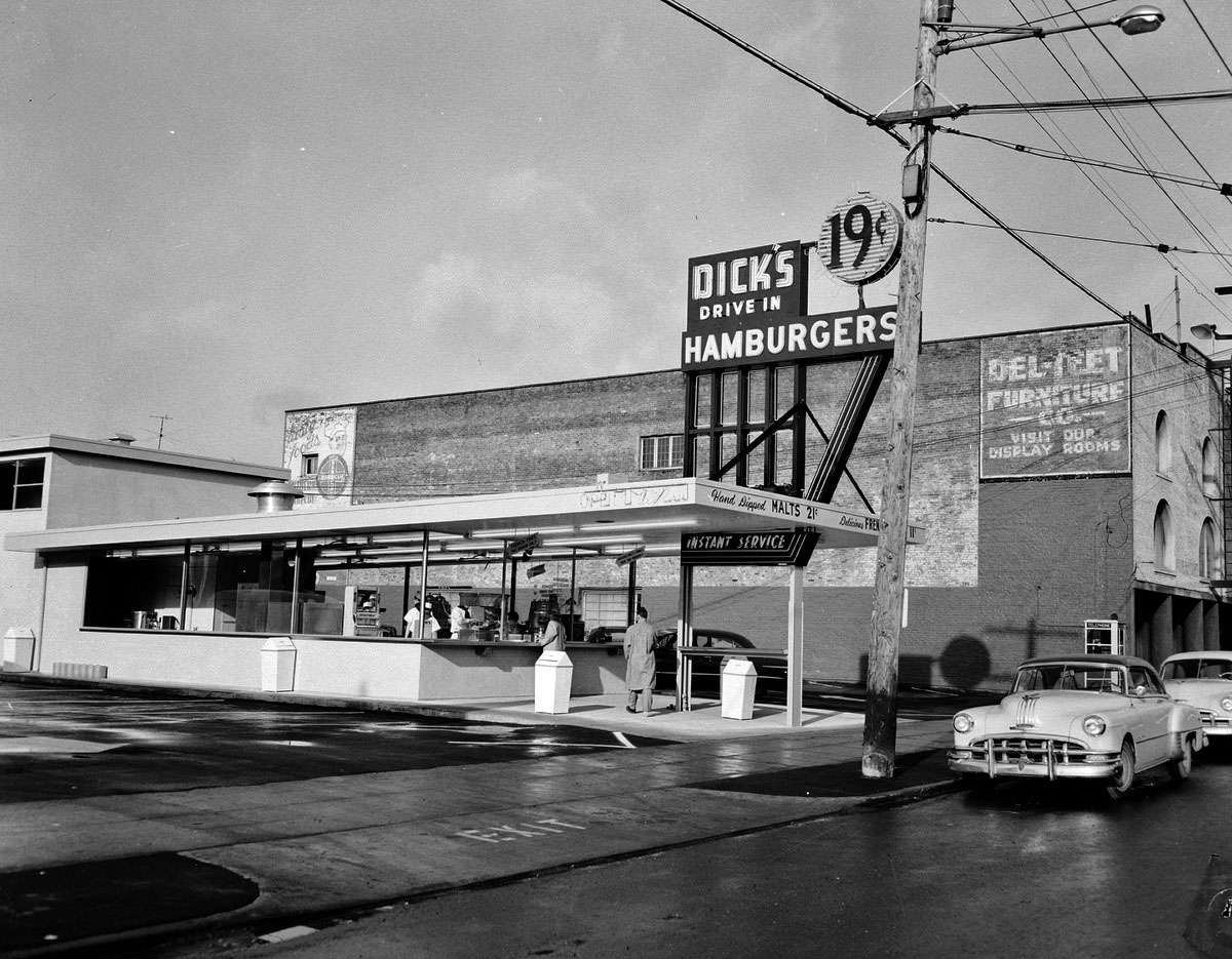 The exterior of Dicks Drive in Hamburgers - Established in the Emerald City: 10 of Seattle’s Oldest Small Businesses